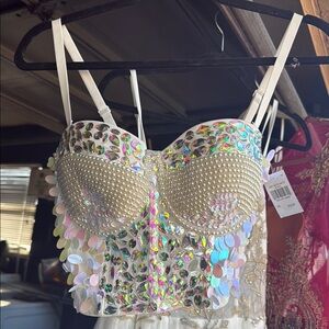 Iridescent Sequin and Pearl Bustier Top